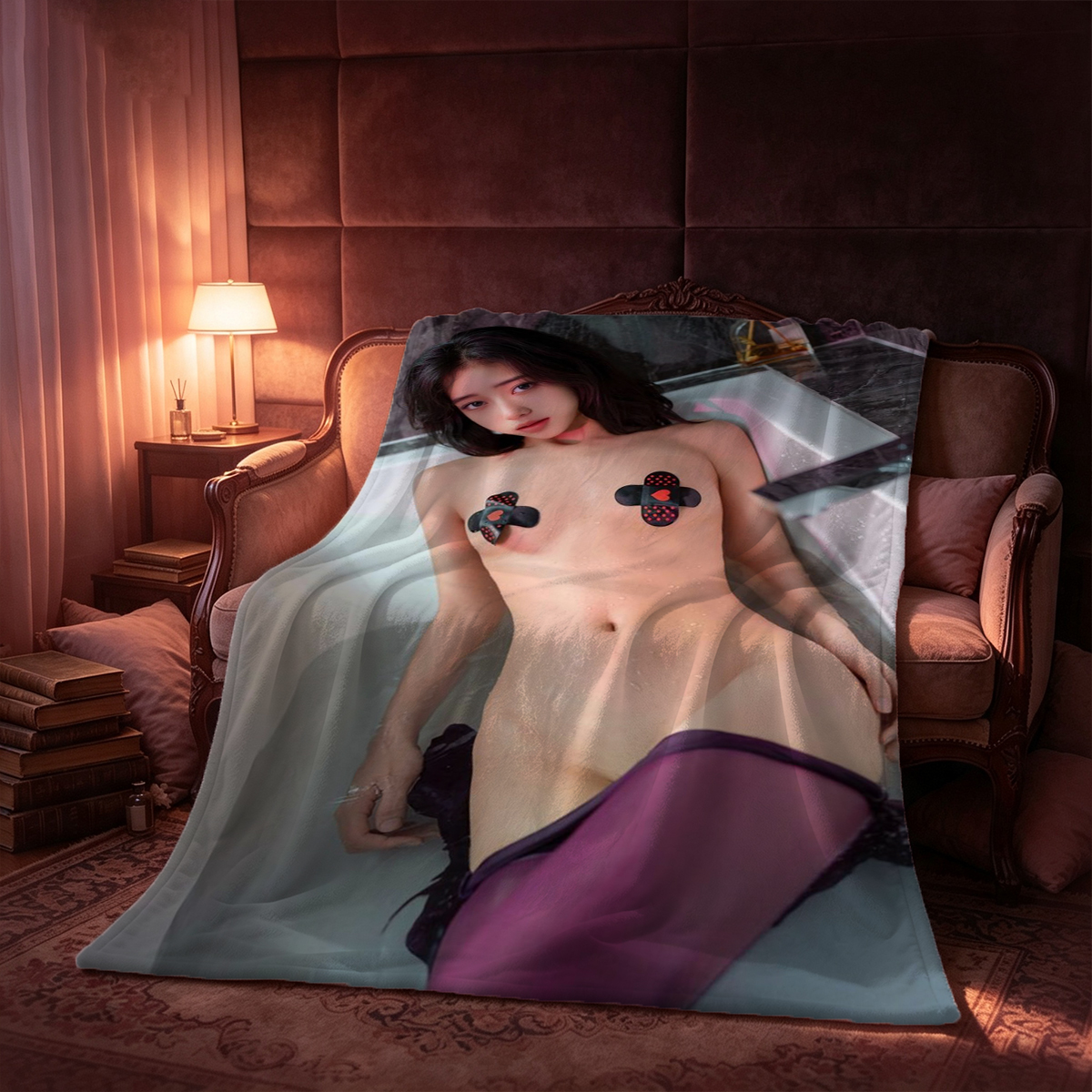 Two Models in VIXEN Lingerie Kissing on Paris Rooftop with Eiffel Tower - Blanket