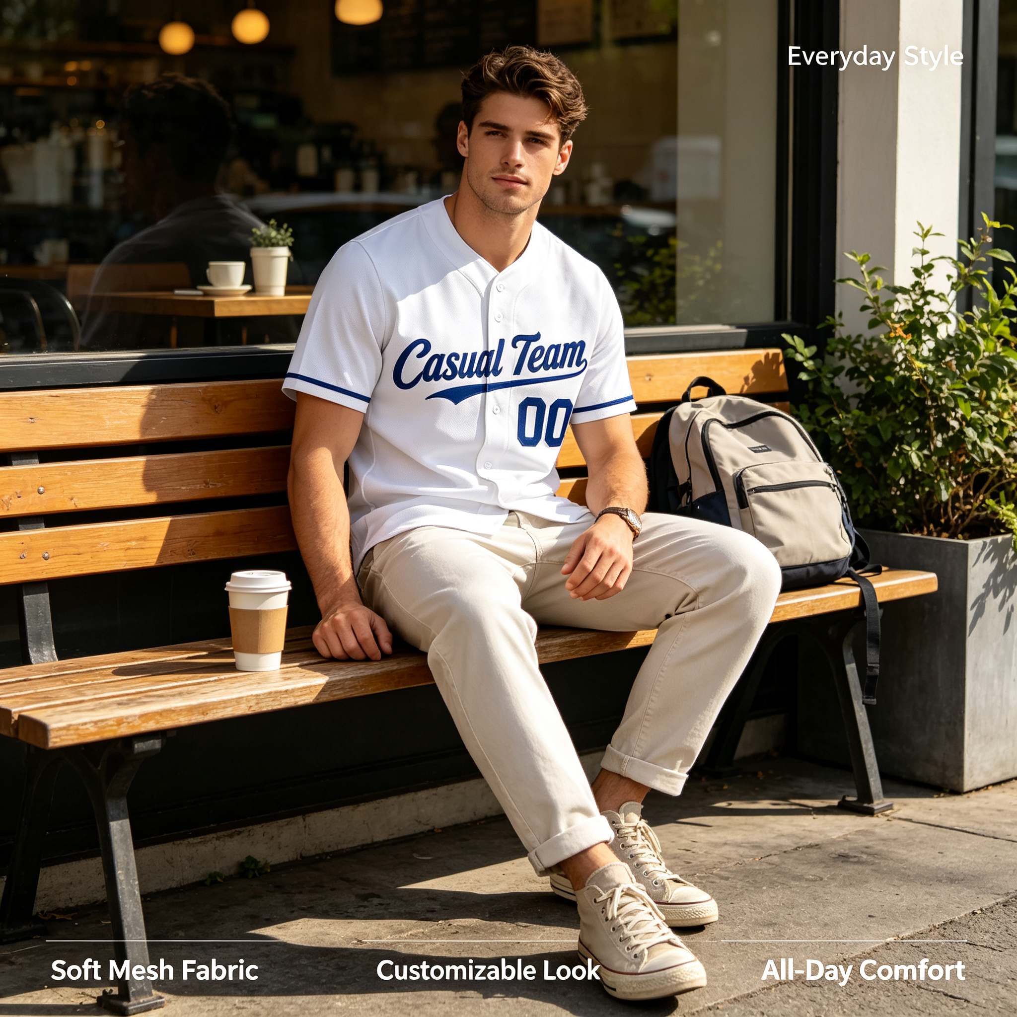 Custom Printed Kansas City Script Style Baseball Jersey White Royal Blue Trim Button Down Shirt for Men and Women