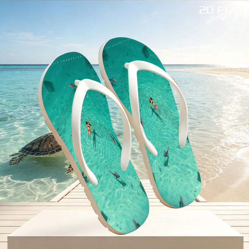 Woman swimming with sharks in clear turquoise water -  flip-flops