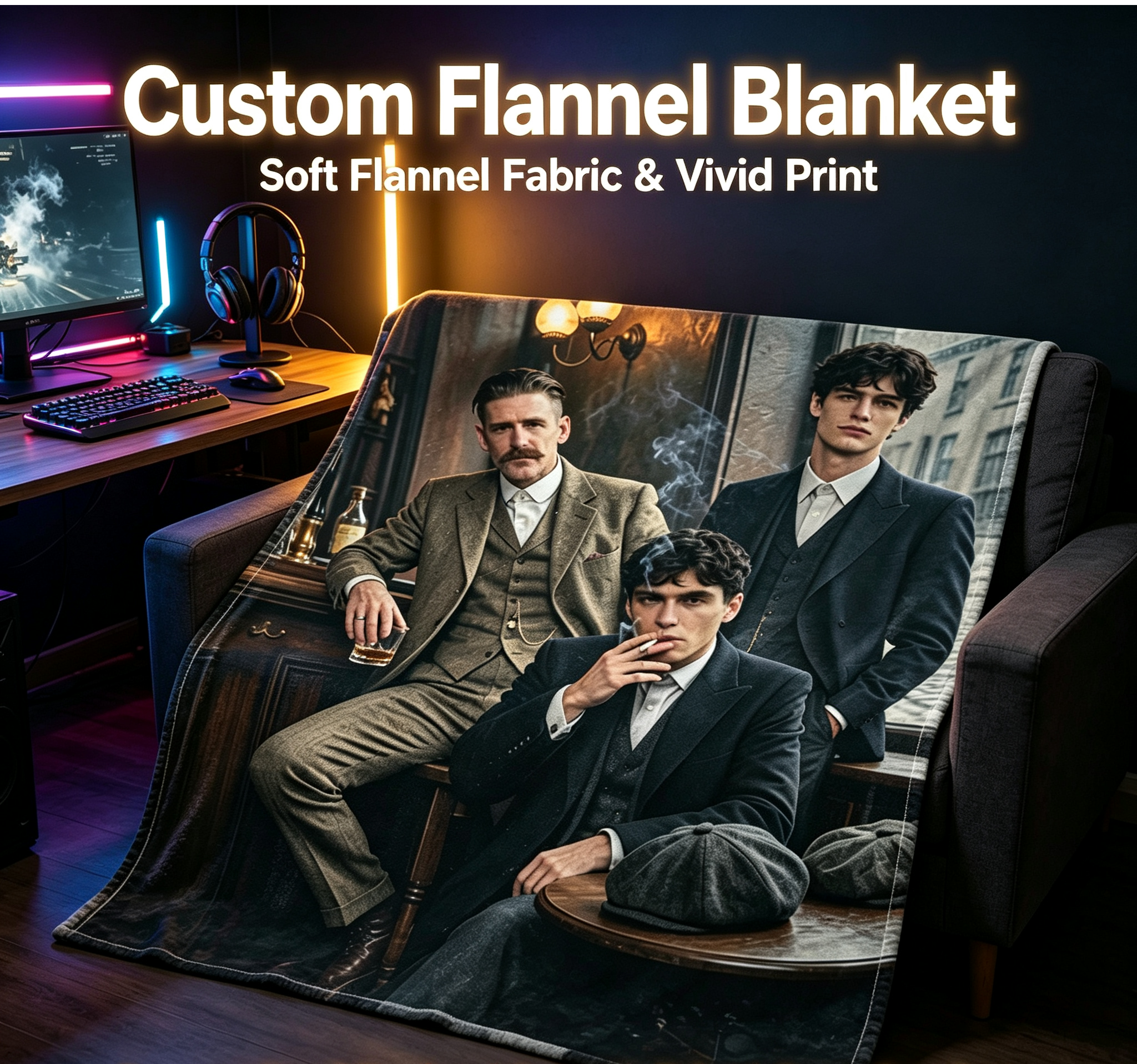 Custom Face Blanket Featuring Vintage Gentlemen in Classic Suit Style Flannel Blanket for Cozy Living Room or Bedroom Use Perfect Gift for Men or Father's Day Giveaway