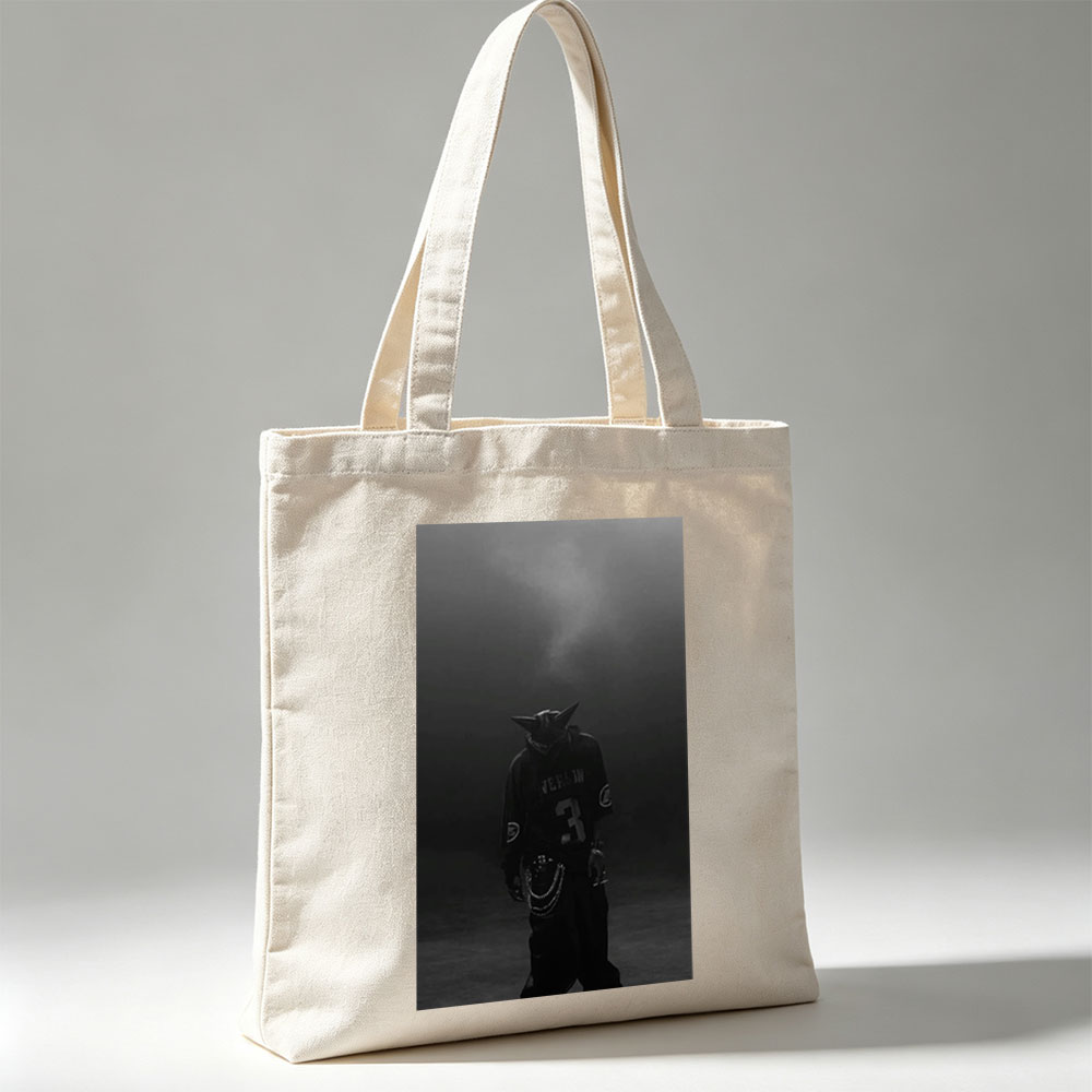 Travis Scott in Dark Atmosphere Wearing Wolf Mask and Black Jersey with Chains - Canvas tote bags