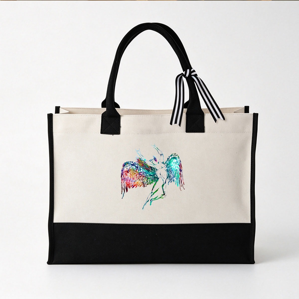 Colorful Winged Figure in Dynamic Pose - Canvas patchwork gift tote bag