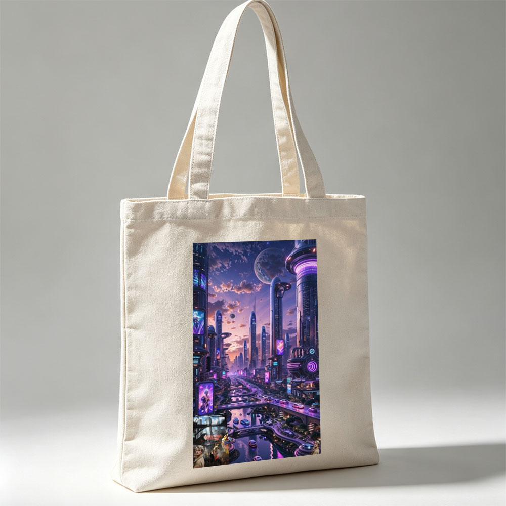 Taylor Swift in Futuristic Cityscape - Neon-Lit Metropolis with Hovering Cars and Giant Moon in the Sky - Canvas tote bags