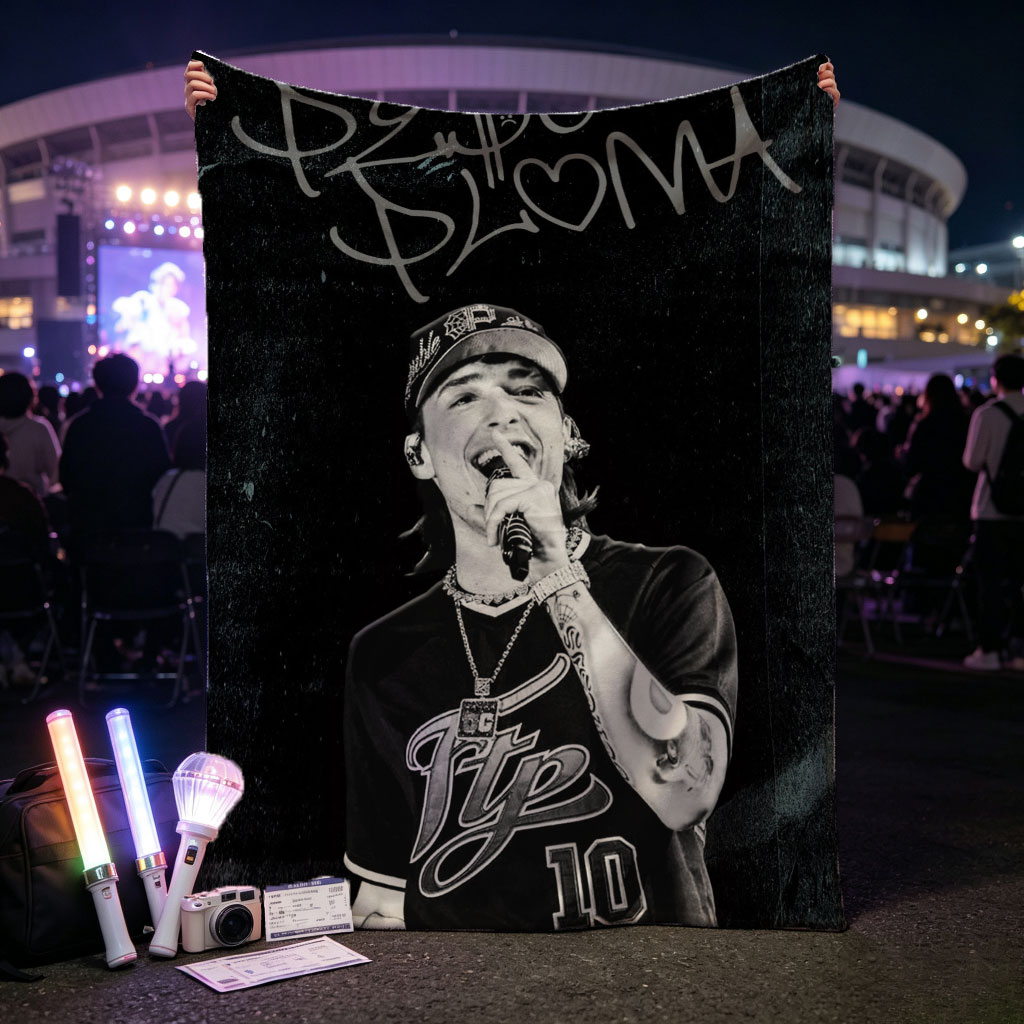Peso Pluma Performing Live in Black and White Concert Photo - Blankets