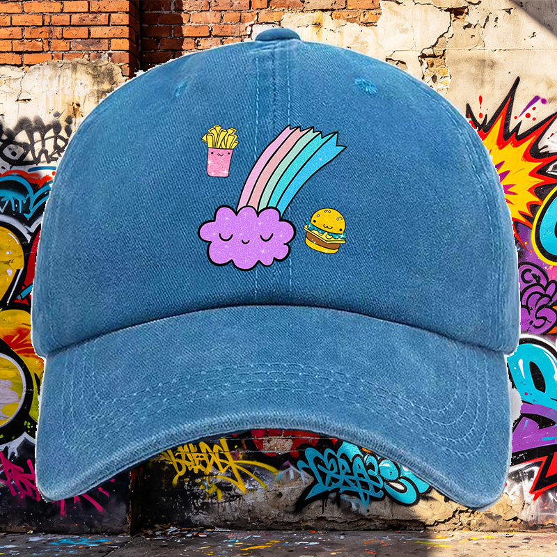 Men's Printed Washed Cap with Cute Rainbow Cloud, Fries and Burger Design - Casual Round Brim Summer Lightweight Hat for Outdoor Activities, Travel, and Daily Wear - Ideal for Young Adults and Trendy Urban Style Lovers