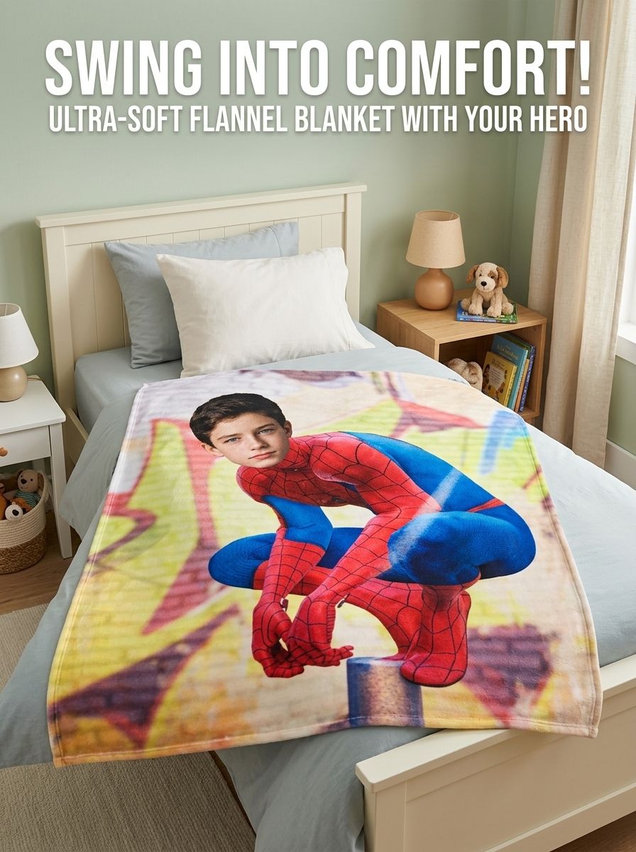 Custom Photo Superhero Flannel Blanket, Ultra Soft Personalized Face Fleece Throw, Warm Cozy Birthday Gift for Kids