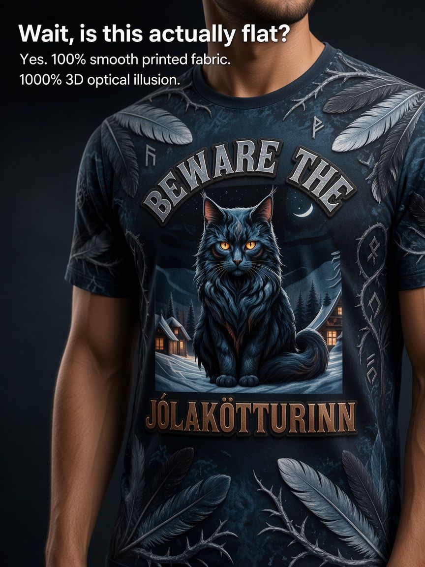 Yule Cat Jolakotturinn - 3D Optical Illusion Graphic Tee - Breathable Athletic Mesh T-Shirt - Casual Sports Wear