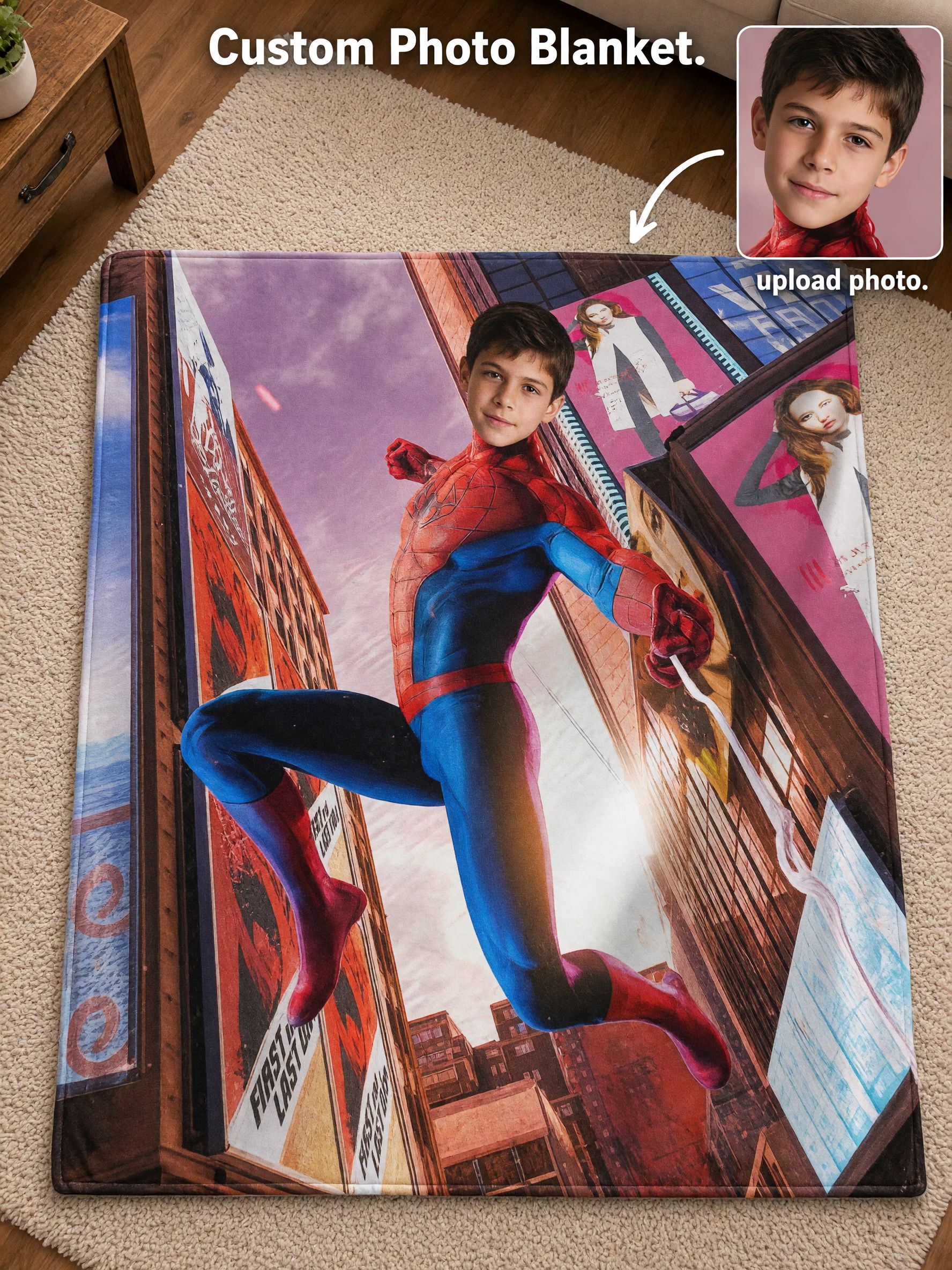 Custom Superhero Face Photo Blanket Ultra Soft Flannel Throw Fleece Ideal Personalized Gift for Kids Couch Bed