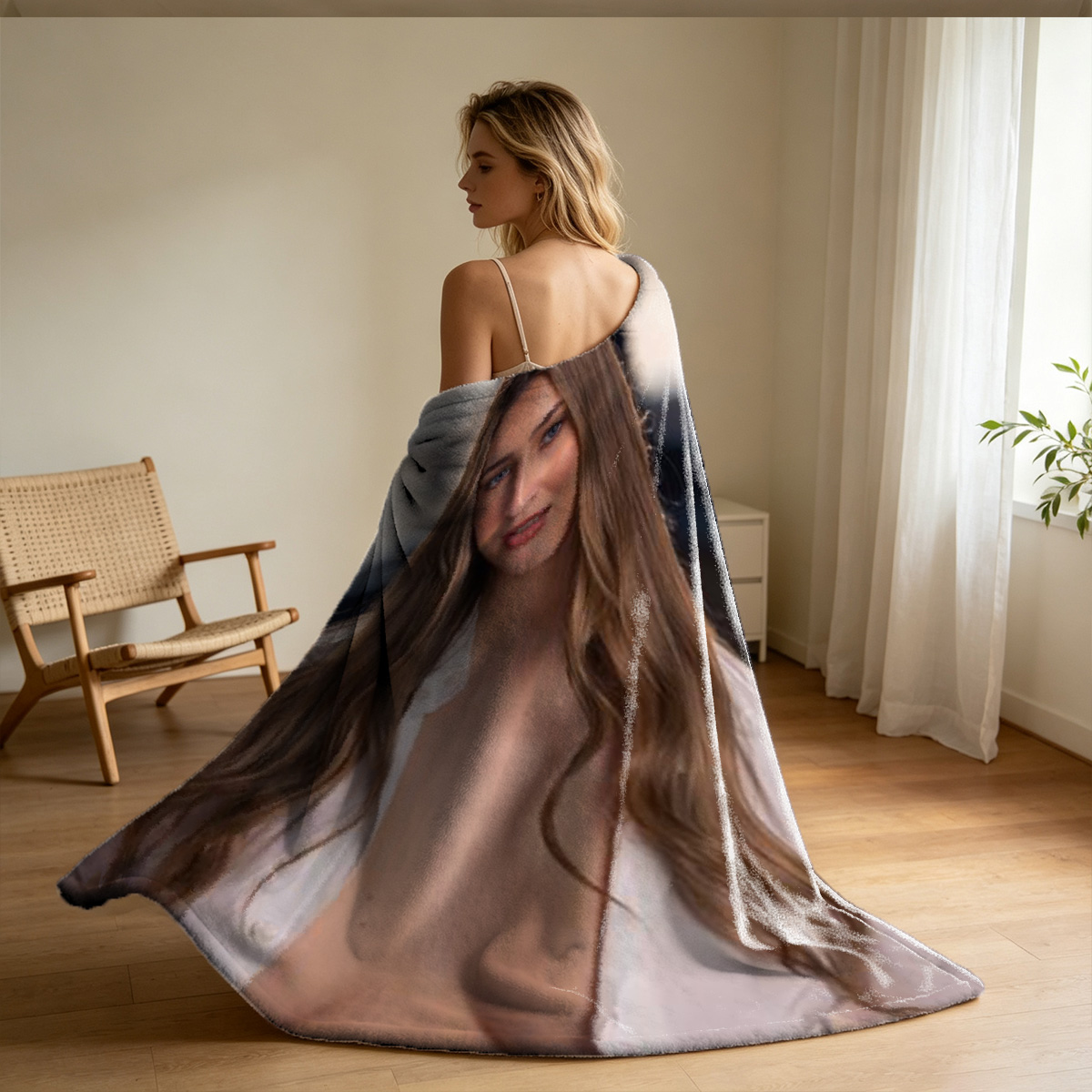 Kate Moss in Firefighter Suspenders Posing on Fire Truck - Blanket
