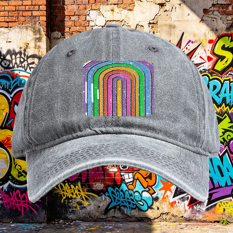 Unisex Classic Washed Baseball Cap with Glitter Rainbow Arc Print - Stylish Sun Protection Hat for Outdoor Activities, Perfect for Fashion-Lovers and Casual Wearers