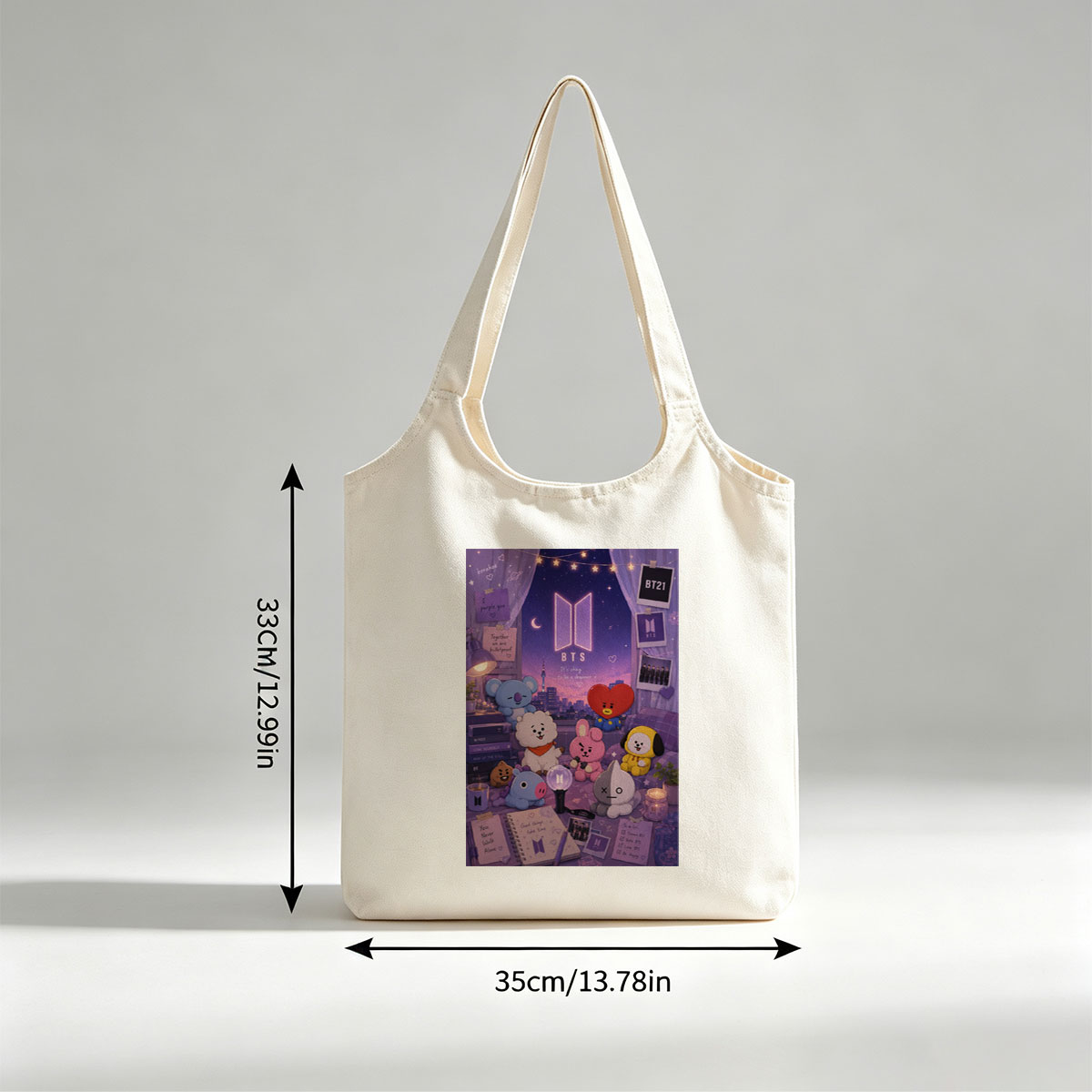 BTS BT21 Characters in a Cozy Room with City View and Dreamy Night Sky Decor - Canvas shoulder bags/