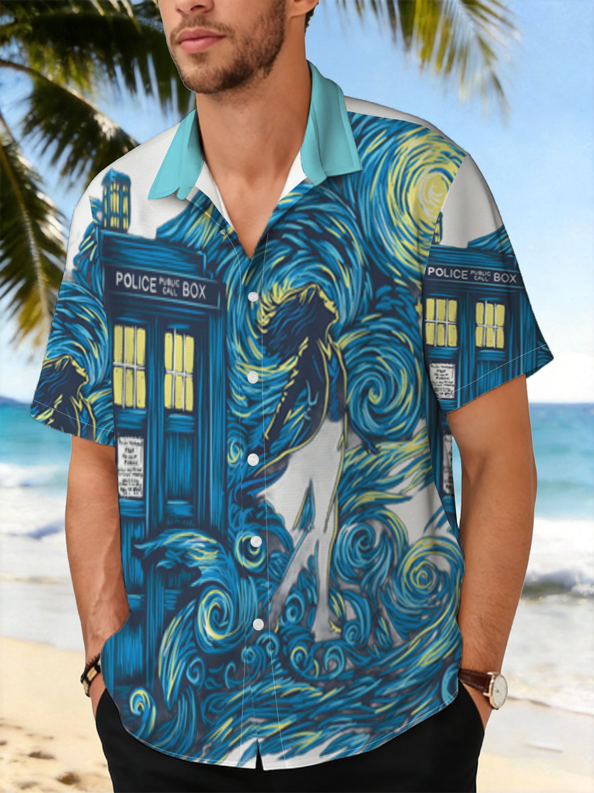 Doctor Who TARDIS in Starry Night Style with Silhouette Figure -  Shirt