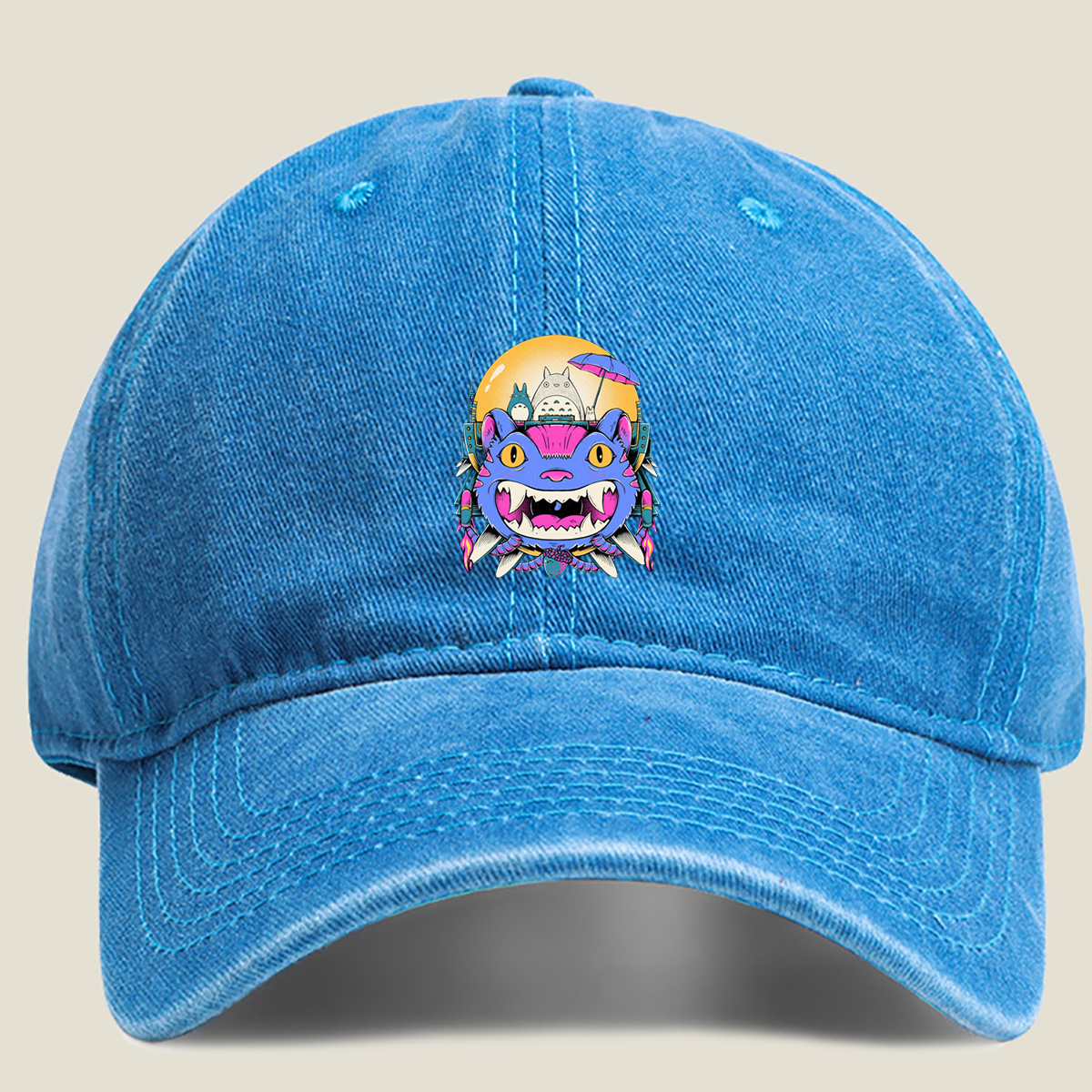 Totoro and Cheshire Cat in Space Adventure - Washed Denim - Baseball Cap