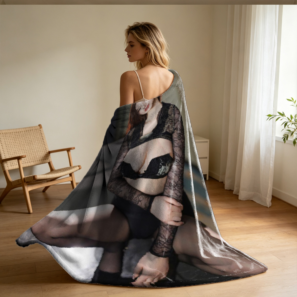 Nude Smiling Brunette on Pink Couch - Blanket