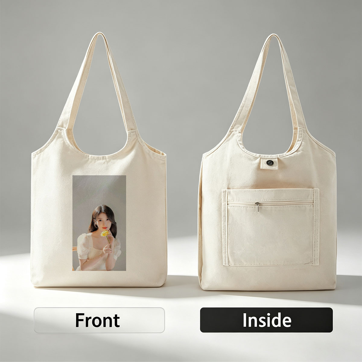 IU Holding a Yellow Rose in a Soft White Dress - Canvas shoulder bags/