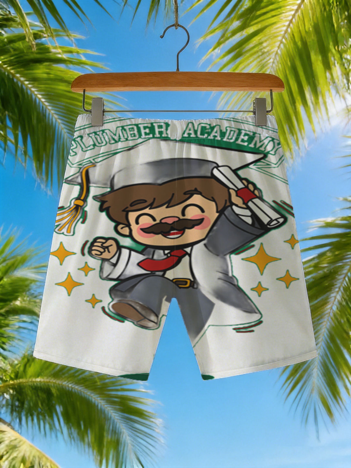 Plumber Academy Graduate Celebrates with Diploma -  Beach shorts