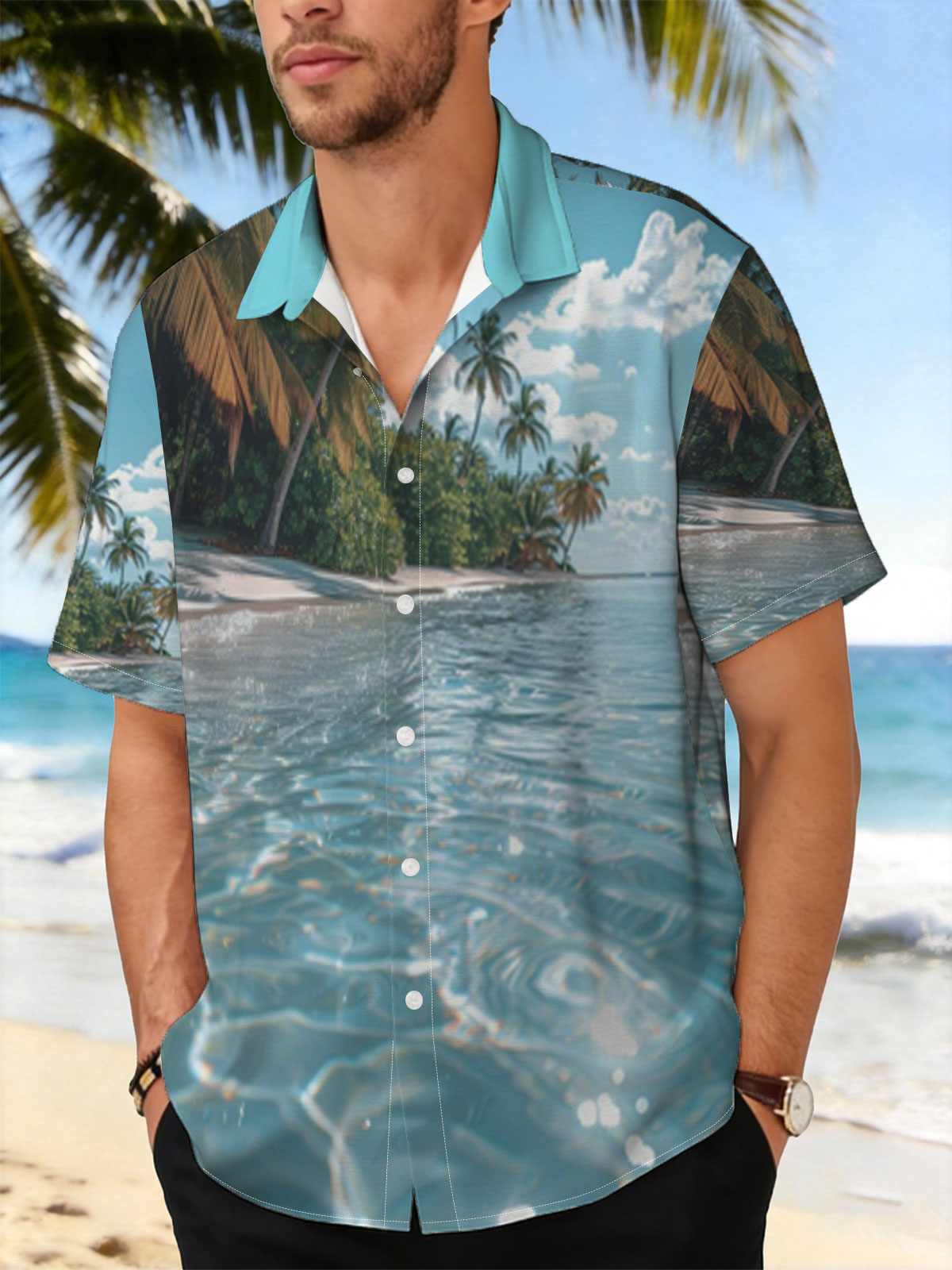 Crystal-clear waters lap against a serene tropical beach lined with swaying palm trees under a bright blue sky. -  Shirt