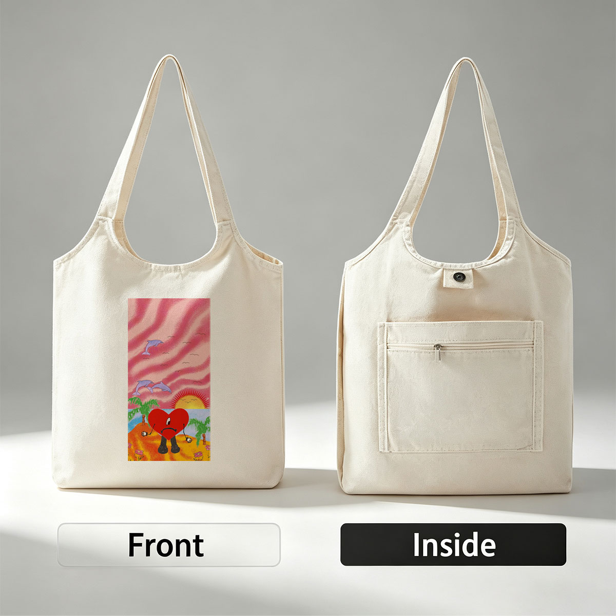 Heart Character on Tropical Beach with Dolphins and Sunset - Canvas shoulder bags/