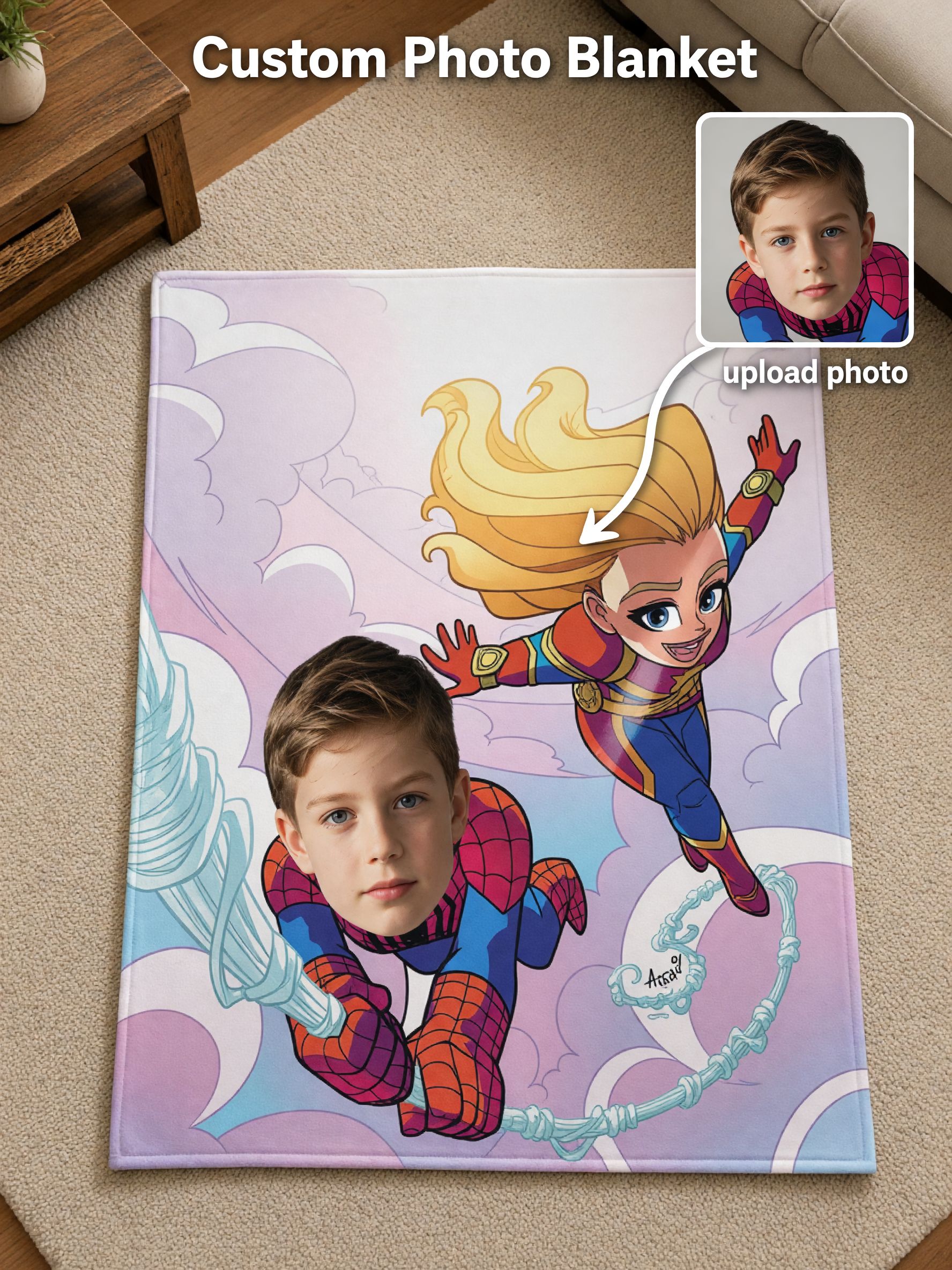 Custom Face Superhero Flannel Blanket, Personalized Photo Soft Plush Fleece Throw for Kids Boys Girls Birthday Gift