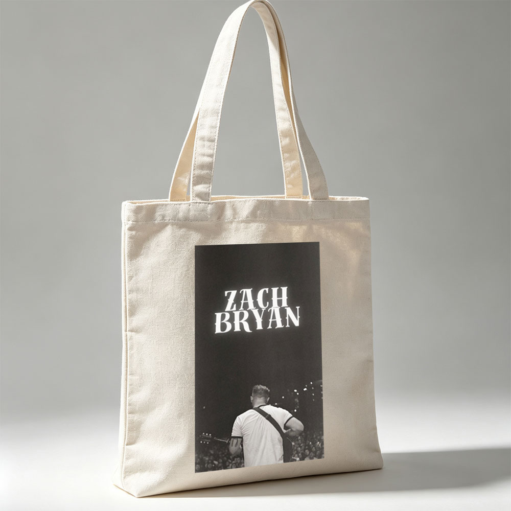 Zach Bryan Live Performance on Stage with Guitar and Crowd in Black and White - Canvas tote bags