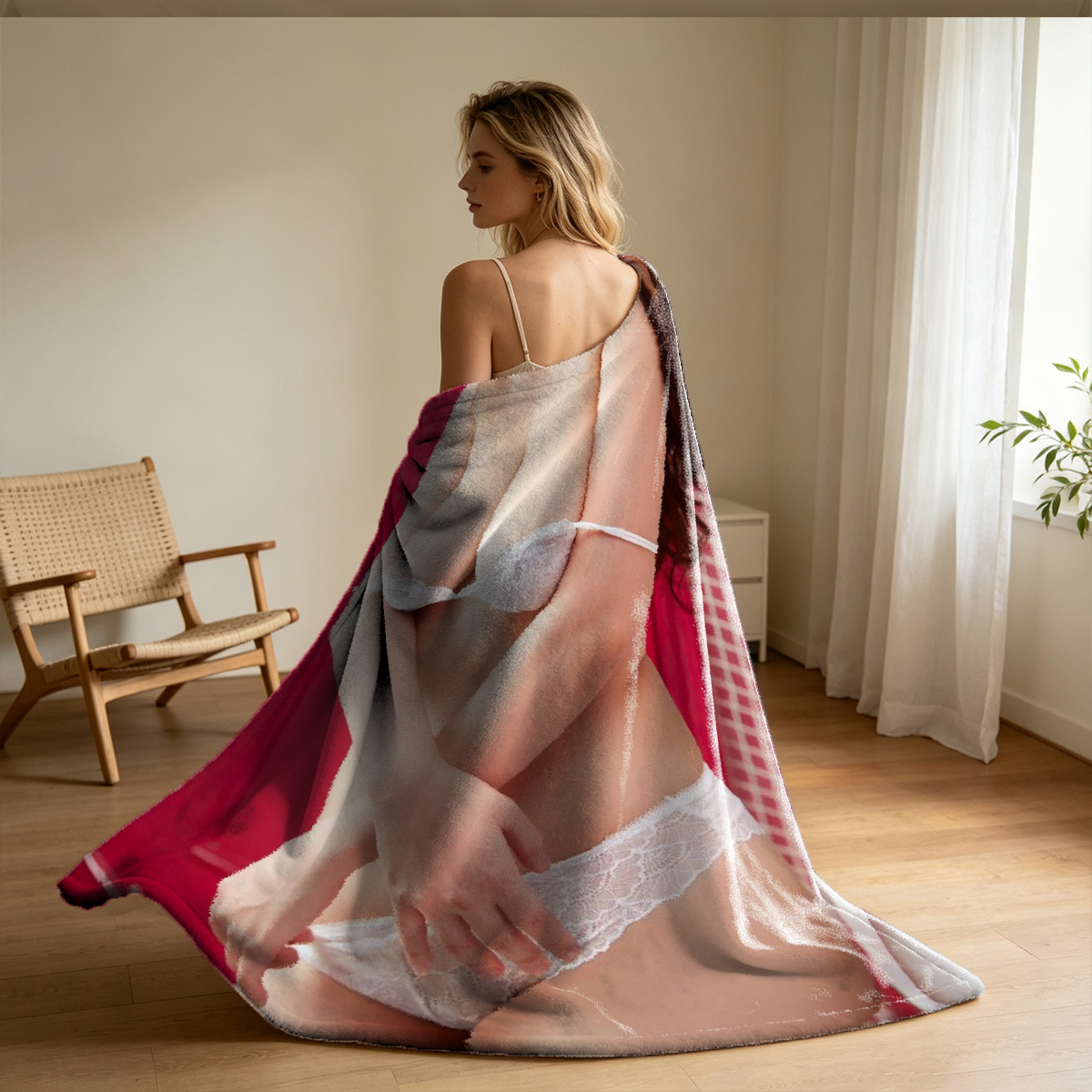 Woman in black lace lingerie holding feather tickler. - Blanket
