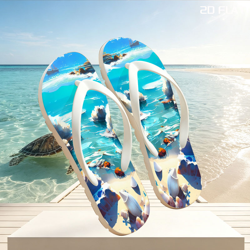 Crystal Clear Ocean with Shells and Sailboat -  flip-flops