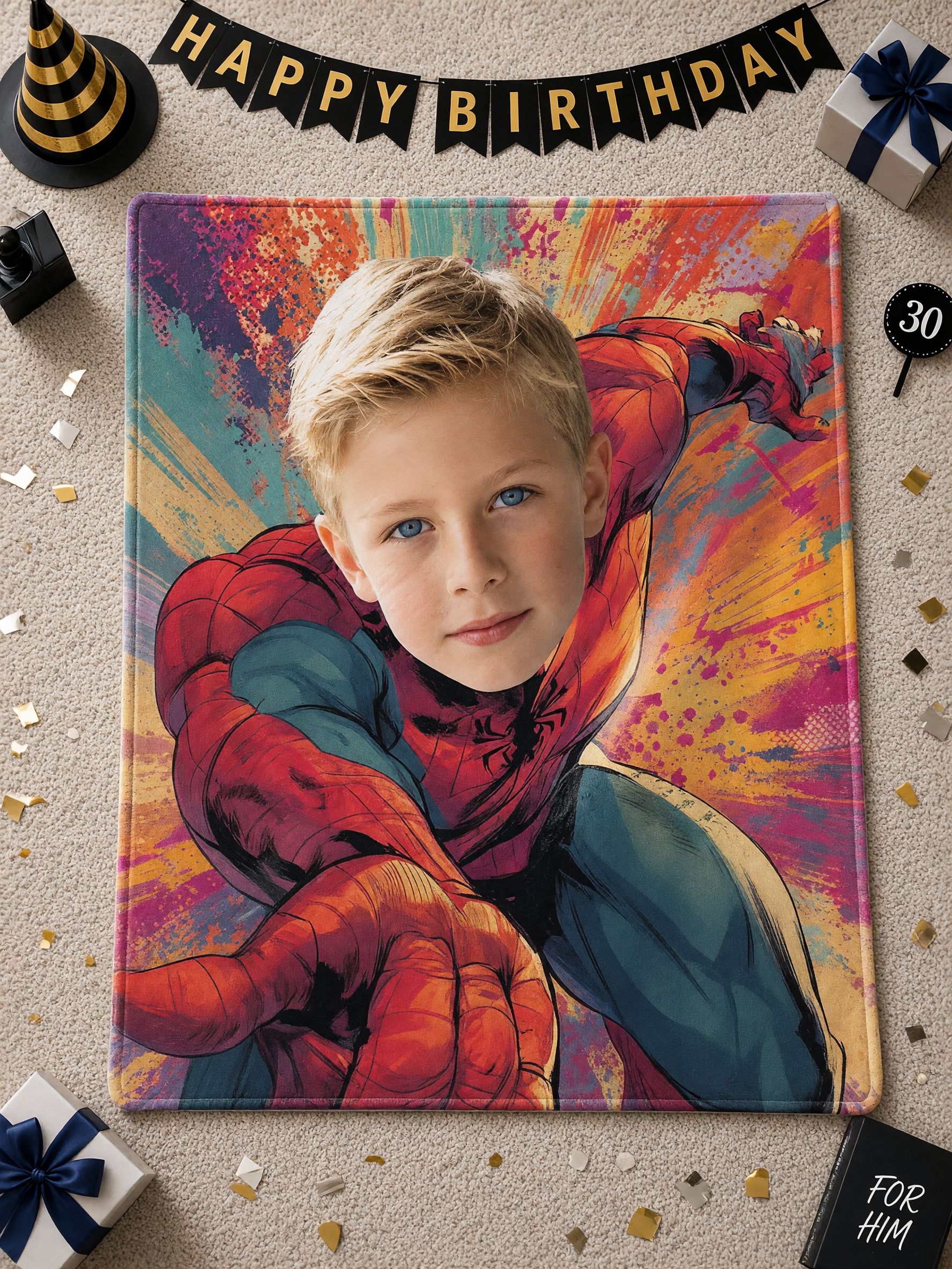 Custom Photo Face Superhero Flannel Blanket, Personalized Comic Hero Fleece Throw for Kids, Cozy Birthday Gift