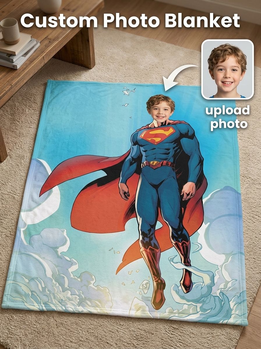 Custom Photo Face Superhero Blanket, Personalized Ultra Soft Flannel Throw for Kids and Adults, Cozy Hero Keepsake Gift