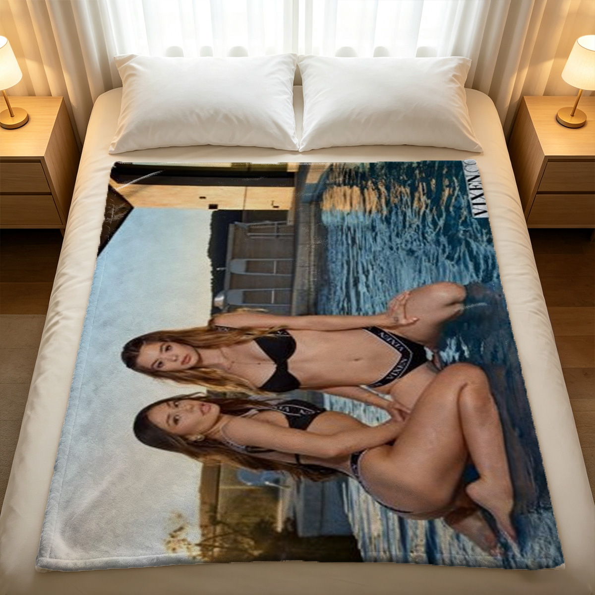 Nude brunette in white knee socks posing on wooden balcony - Blanket