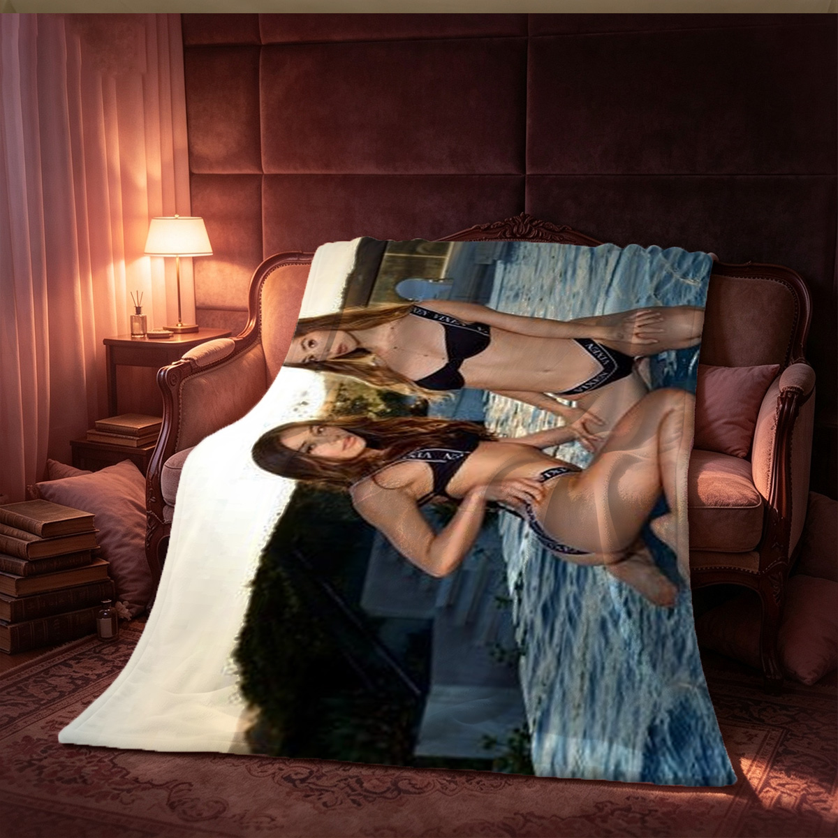 Two Chinese beauties in sheer bunny and cat lingerie posing intimately on a couch. - Blanket