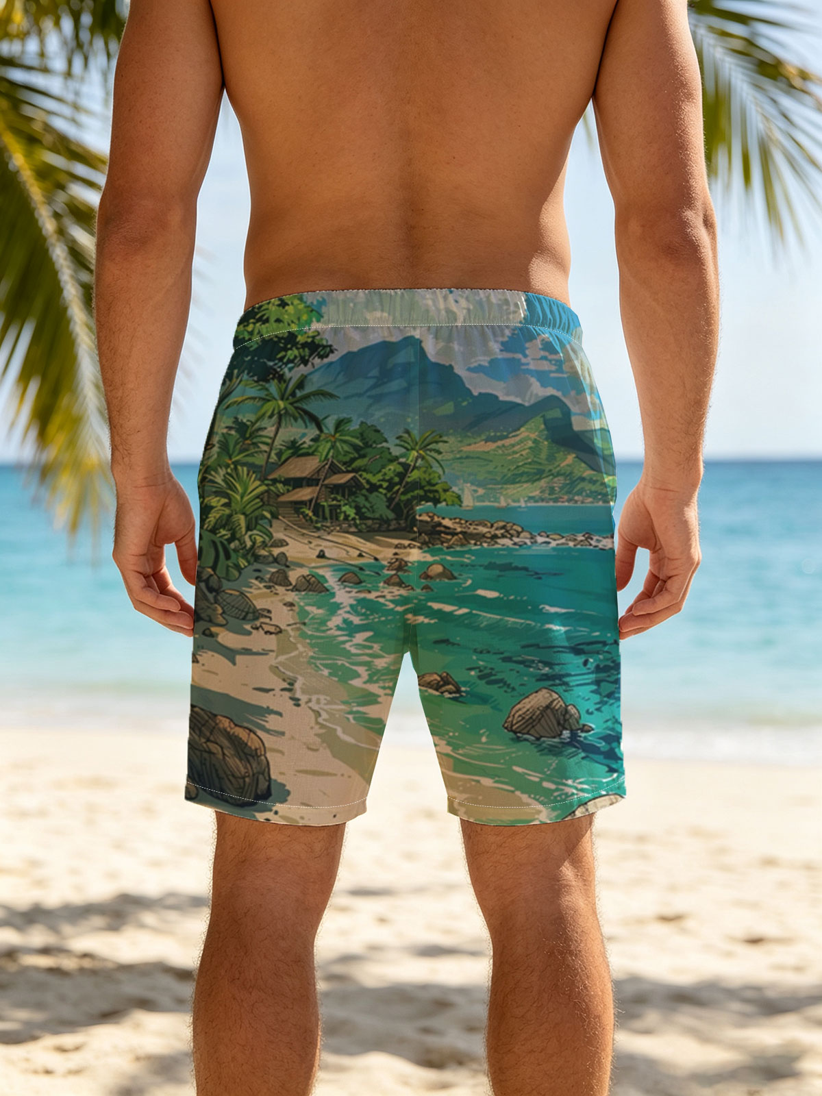 Tropical Beach with Lush Palm Trees and Crystal Clear Waters -  Beach shorts