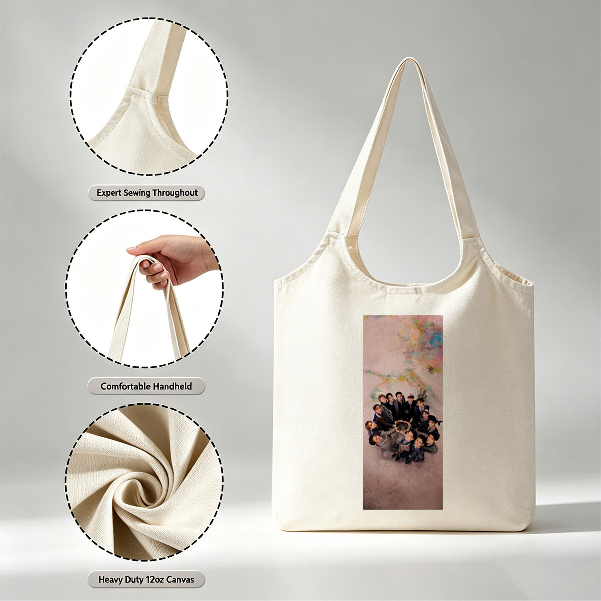 SEVENTEEN Group Photo in a Circular Formation on a Colorful Background - Canvas shoulder bags/