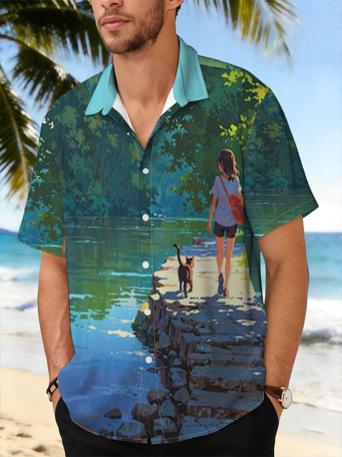 Girl and cat walking by a serene lakeside path -  Shirt