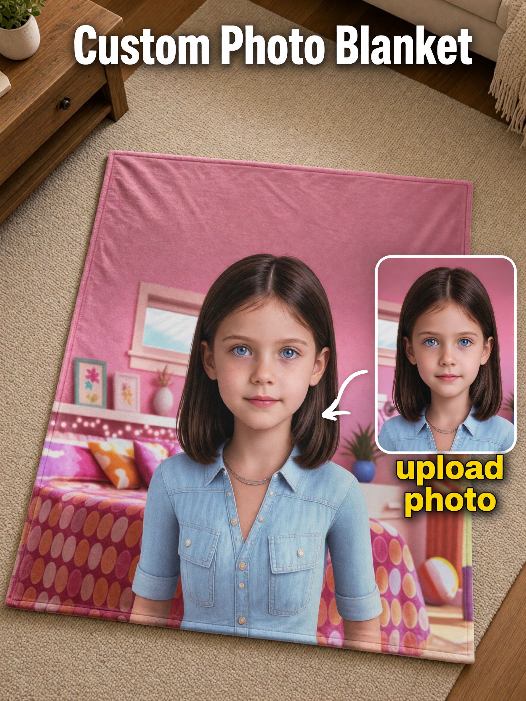 Custom Face Photo Blanket Personalized Pink Bedroom Soft Flannel Fleece Throw Ideal Cozy Keepsake Gift for Girls Bed