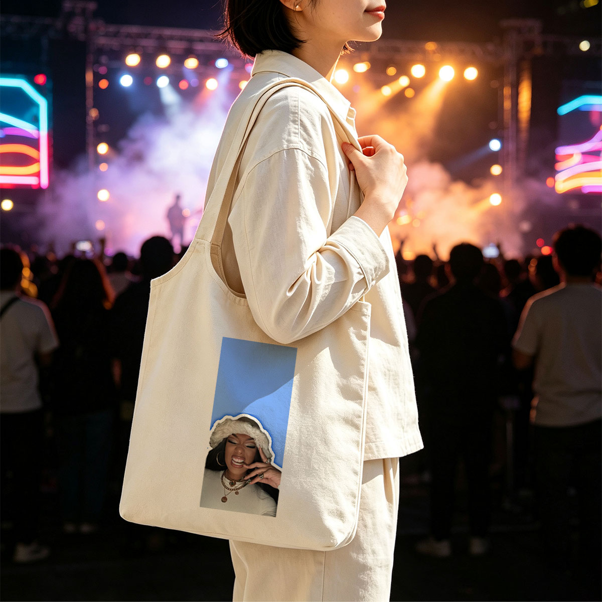 Doja Cat in Festive Mood Wearing Fur Hat and Gold Jewelry Against Blue Background - Canvas shoulder bags/