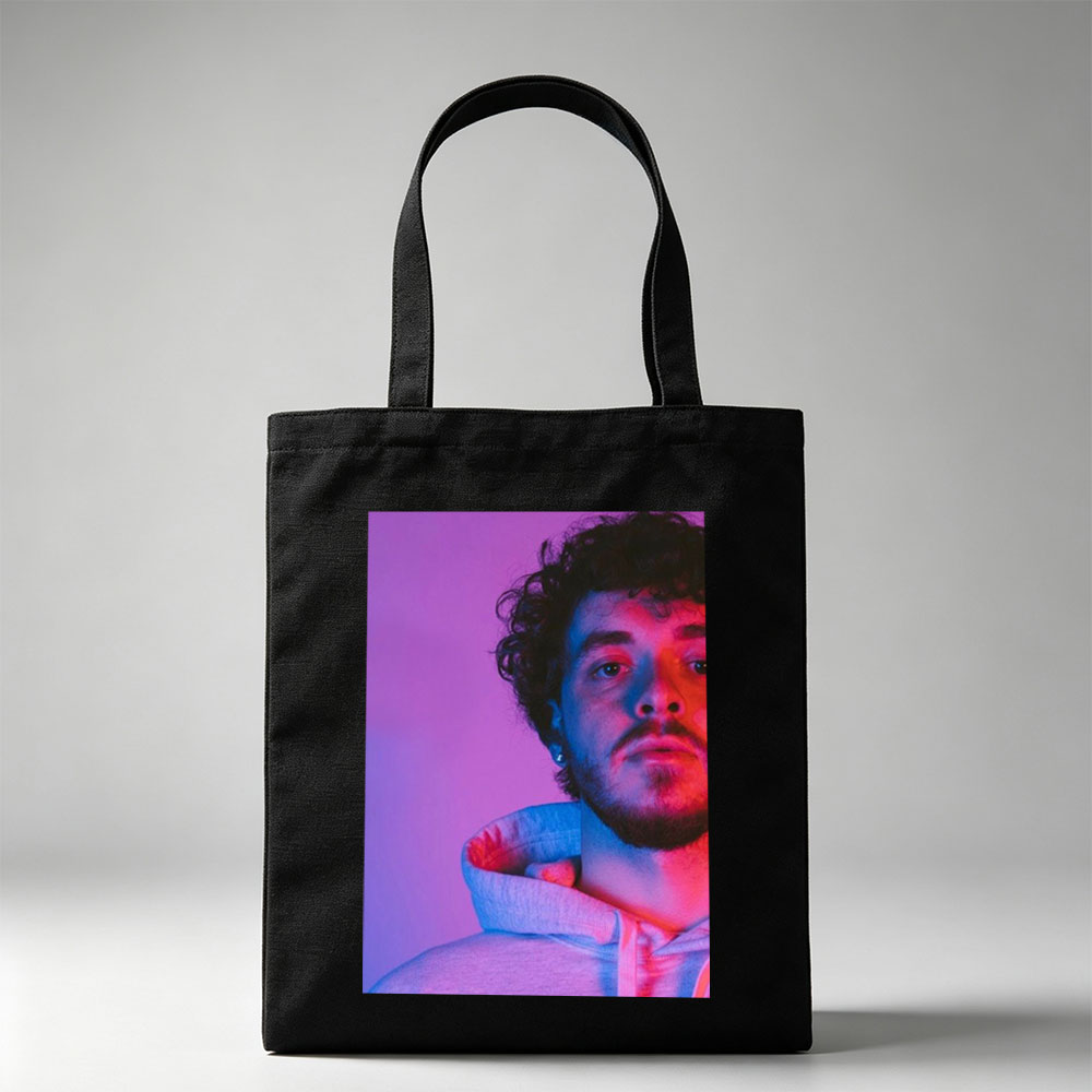 Jack Harlow in a Neon Glow Portrait Wearing a Hoodie with Purple and Pink Lighting - Canvas tote bags