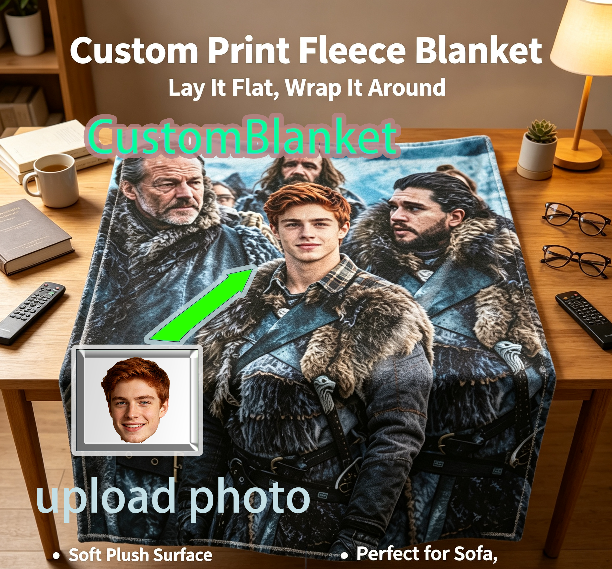 Custom Face Blanket Game of Thrones Jon Snow and Friends Flannel Blanket Cozy Winter Gift for Fans and Collectors