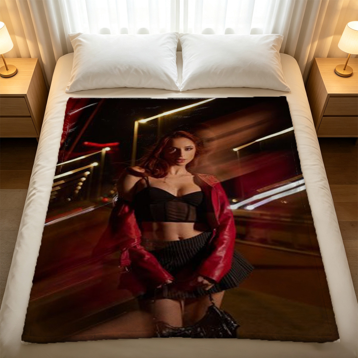 Redhead in White Bikini Squatting by the River - Blanket
