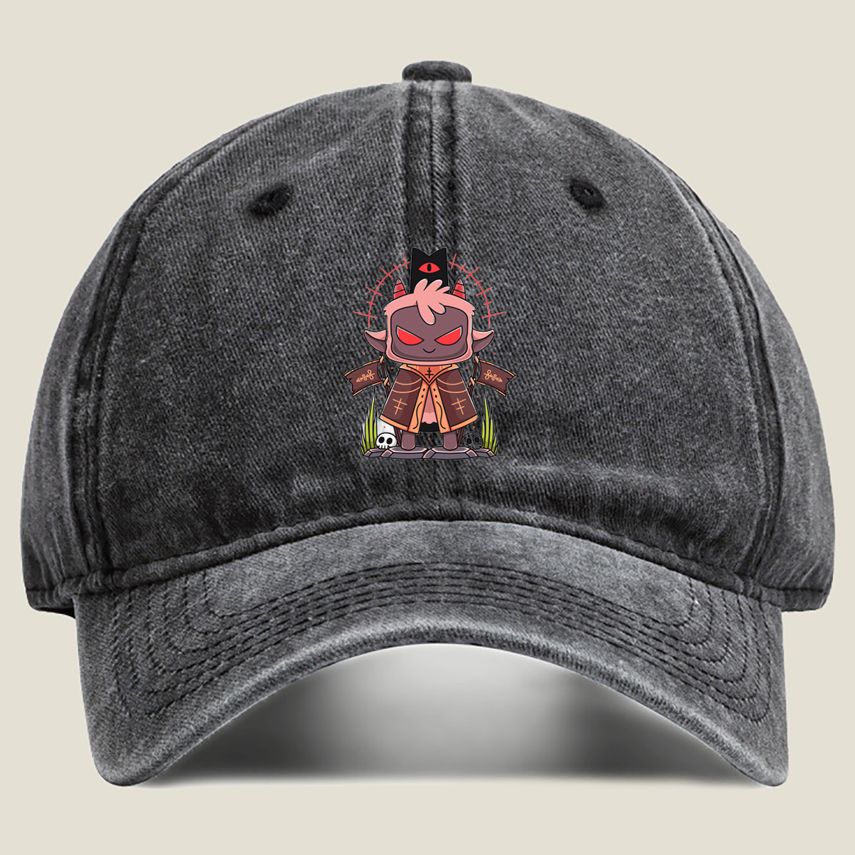 Demon King with Red Eyes and Horns - Washed Denim - Baseball Cap