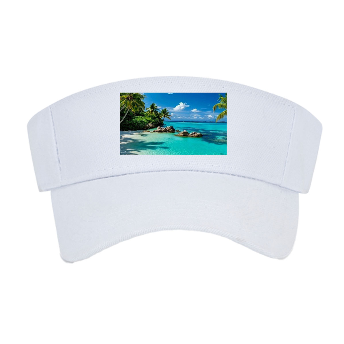Couple relaxing on a tropical beach with turquoise waters and palm trees -  Visor cap