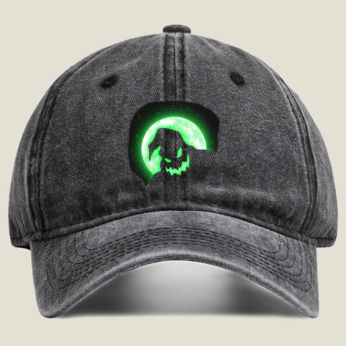 Pumpkin Head Silhouette Against Green Moon - Washed Denim - Baseball Cap