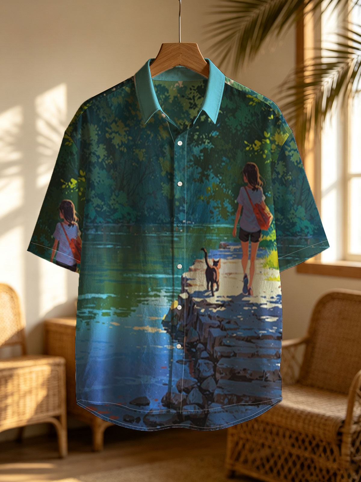 Girl and cat walking by a serene lakeside path -  Shirt