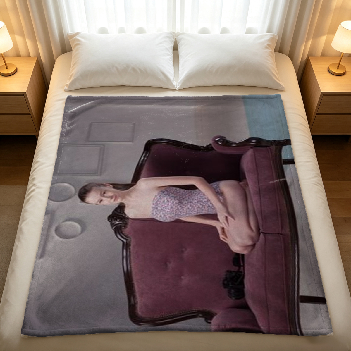Nude Brunette Reading a Book on Green Cushions - Blanket