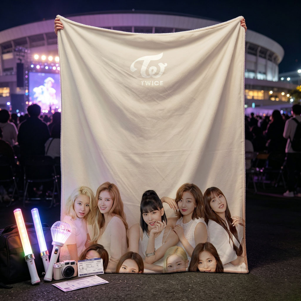 TWICE Group Photo in White Outfits on Beige Background - Blankets