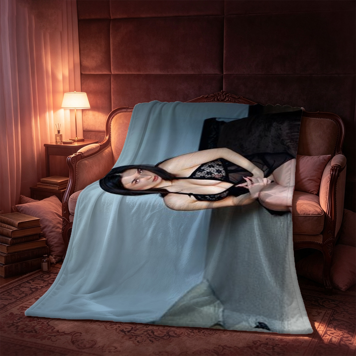 Nude Asian beauty in unbuttoned grey shirt and purple lingerie kneeling on couch. - Blanket