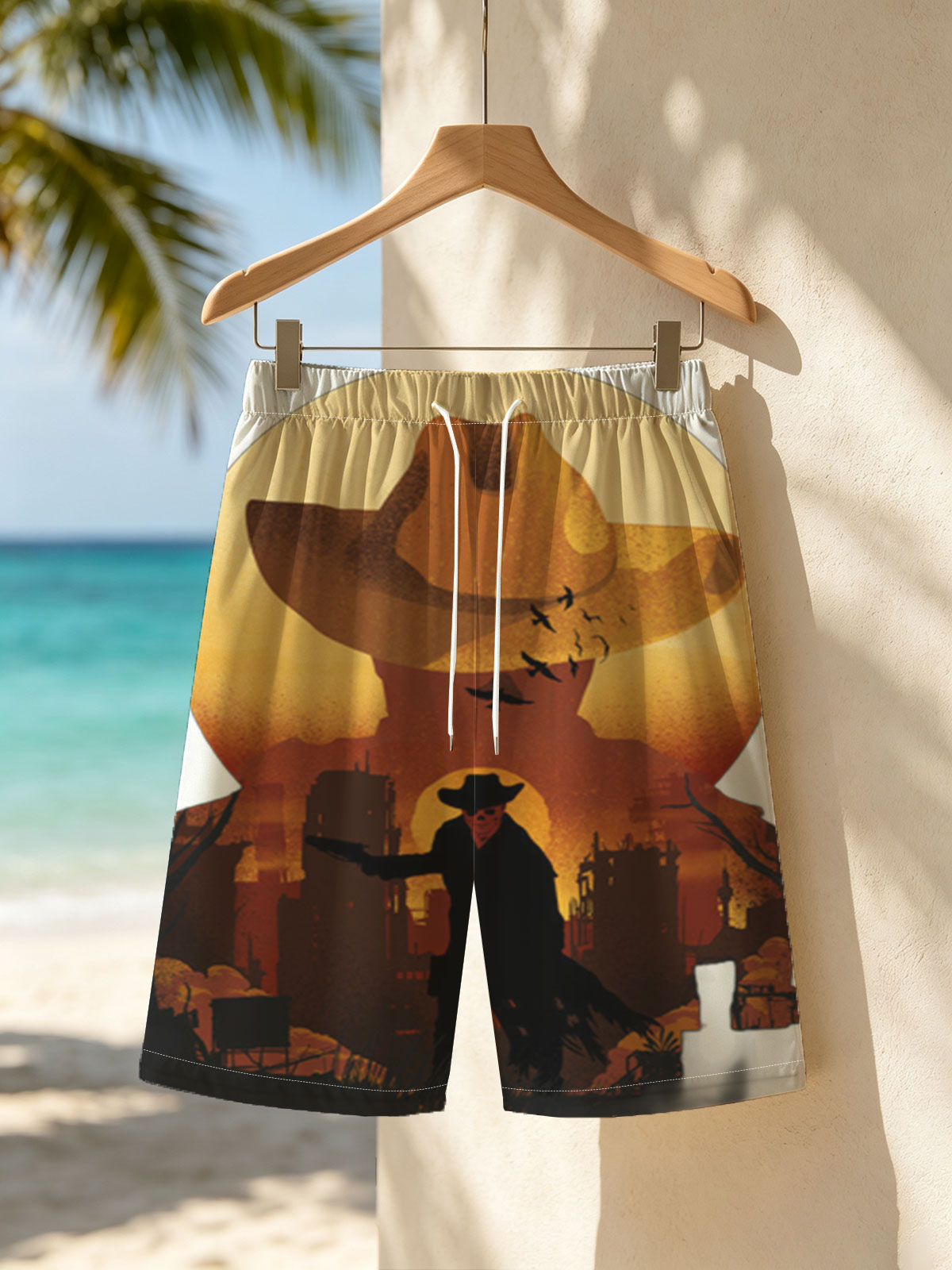 Cowboy Silhouette Against Sunset with Giant Hat and Birds in Sky -  Beach shorts