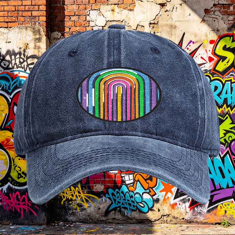 Unisex Classic Washed Cap with Glitter Rainbow Arc Patch Design – Perfect for Casual Outings, Music Festivals, and Everyday Wear – Ideal for Young Adults and Trend-Loving Individuals