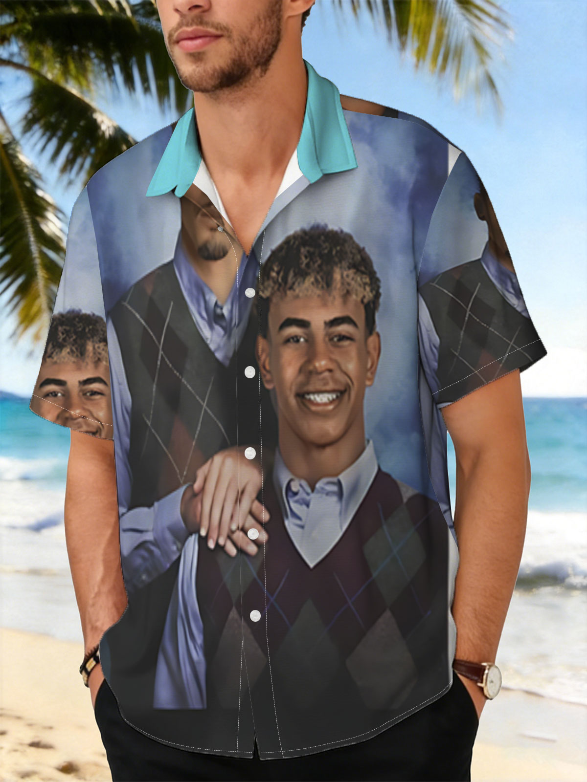 Two Men in Argyle Vests, One Smiling, One Serious, Blue Background -  Shirt