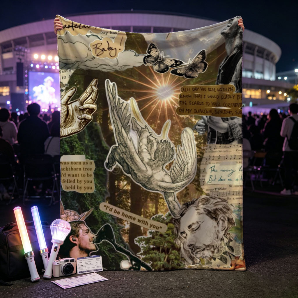 Ed Sheeran Concert Scene with Nature and Lyrics Collage Art - Blankets