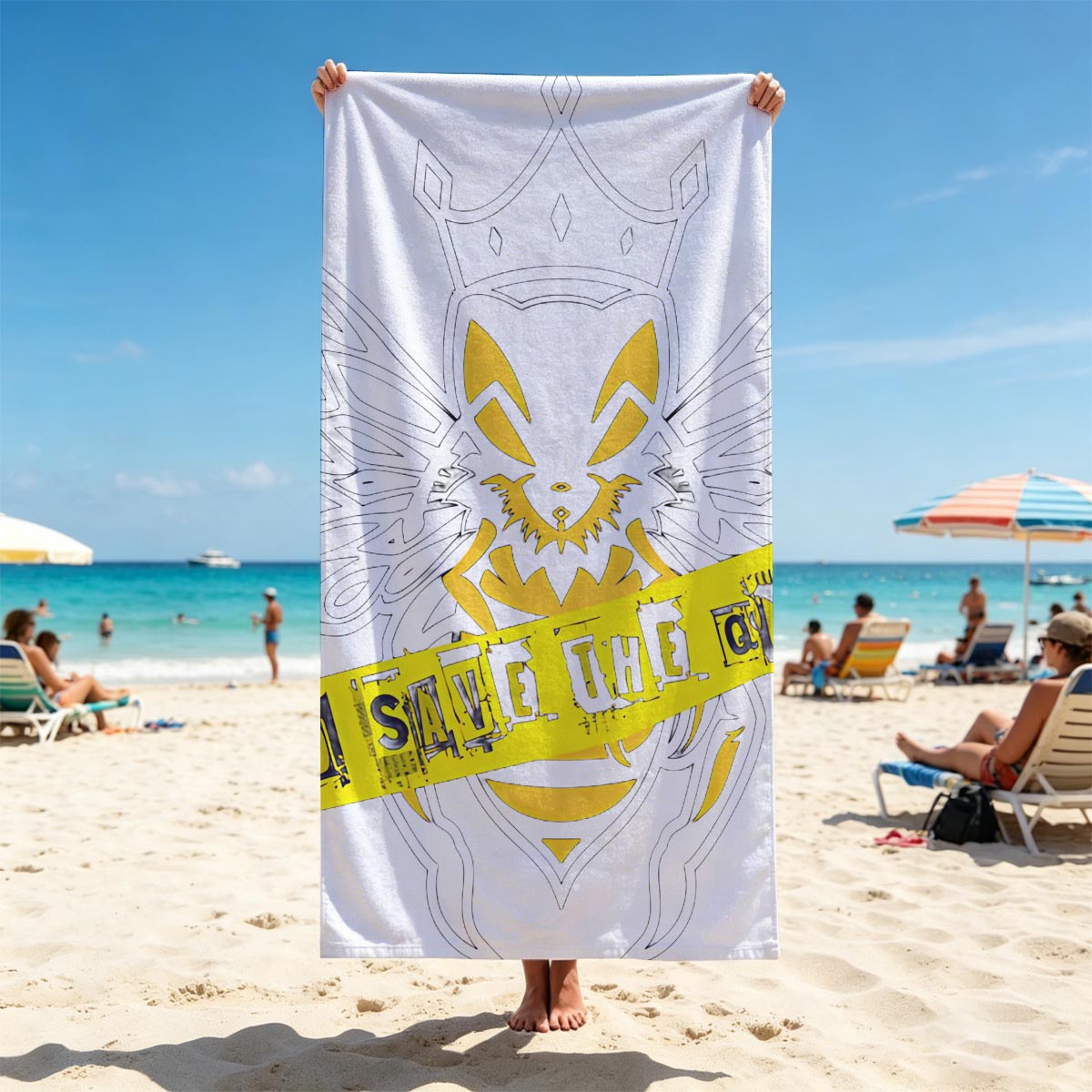 God Save the Queen: Bee with Crown and Yellow Banner - Beach towels